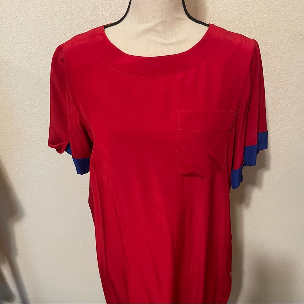 Vintage 80’s Liz Claiborne silk red dress color block sleeves midi front pocket - Picture 9 of 9